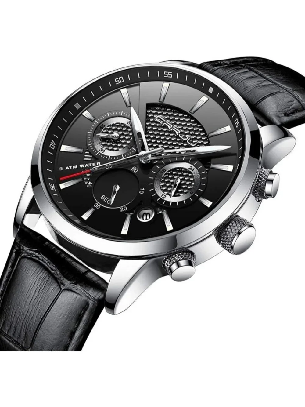 Mens Silver Black Leather Strap Casual Chronograph Quartz Waterproof Wrist Watch